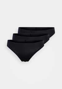 Three pairs of black bikini underwear made from smooth material. Each pair features a seamless design and a low-rise waist.