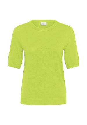 Haut court en tricot vert citron vif à manches courtes, avec encolure ronde et ourlet ainsi que manches côtelés, étiquette visible à l'intérieur du col.