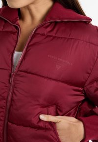 Giacca a vento maroon con chiusura lampo testurizzata, colletto a coste e logo in rilievo. Presenta tasche laterali e design trapuntato.