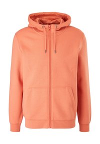 Oranger Kapuzenpullover mit Reißverschluss aus weichem Stoff, mit Kapuze, Kordelzug und Fronttaschen. Er hat gerippte Bündchen und eine lockere Passform.