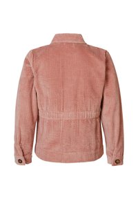 Rosa Cordjacke mit Kragen, langen Ärmeln und Knopfmanschetten. Verfügt über eine gerippte Textur und eine taillierte Taille. Rückansicht dargestellt.