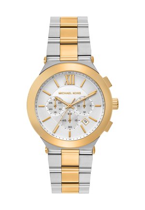 Silver and gold-tone stainless steel chronograph watch, featuring a textured silver dial, Roman numerals, and three sub-dials for timing functions.