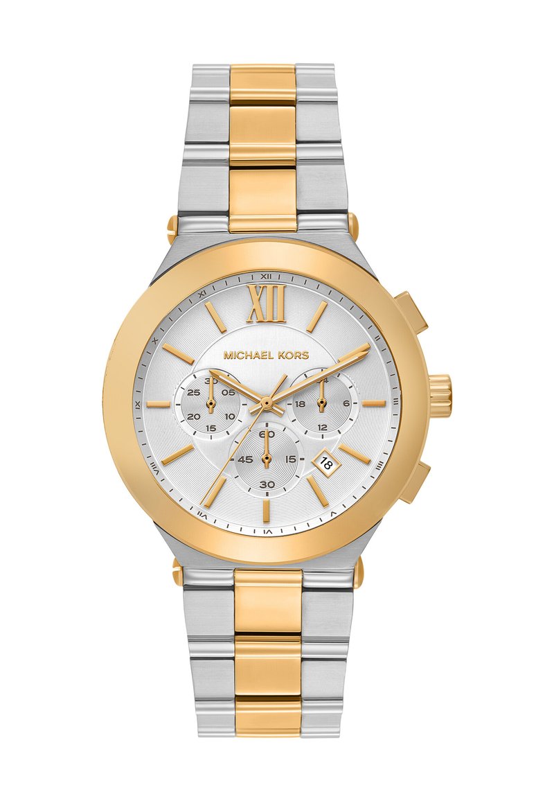 Orologio cronografo in acciaio inossidabile argentato e oro, con quadrante argentato texturizzato, numeri romani e tre sottodial per le funzioni di temporizzazione.