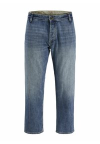 Jeans de mezclilla azul claro con diseño de pierna recta. Presentan un cierre con botón, bolsillos en la parte frontal y un ligero desgaste. Estilo clásico de cinco bolsillos.
