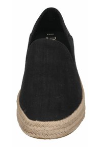 Espadrillas in tela nera con punta tonda, suola in corda di juta e superiore in tessuto testurizzato. Nessun accento o motivo visibile.