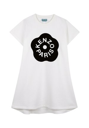 Robe blanche à manches courtes avec logo en forme de fleur noire portant le texte "KENZO PARIS" sur le devant.