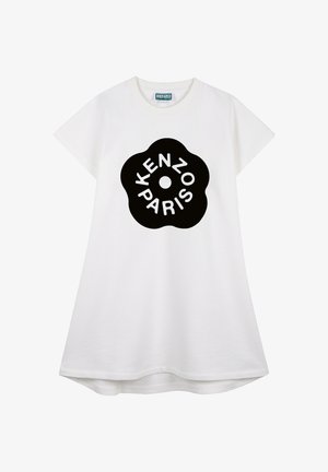 Wit jurkje met korte mouwen en zwart bloemvormig logo met de tekst "KENZO PARIS" op de voorkant.