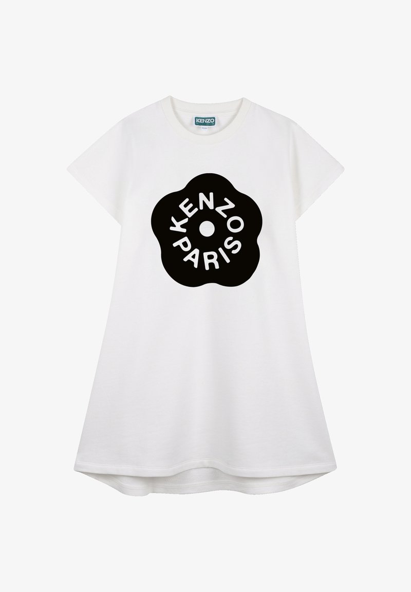 Robe blanche à manches courtes avec logo en forme de fleur noire portant le texte "KENZO PARIS" sur le devant.