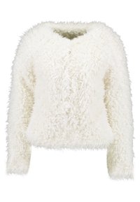 Hvid, fluffy sweater med lange ærmer, rund halsudskæring og cropped design. Lavet af et blødt, tekstureret materiale.