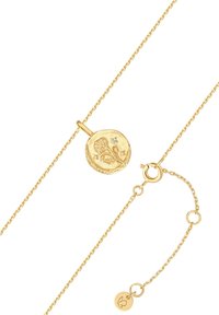 Zelta ķēdīšu kaklarota ar apaļu piekariņu, kas rotāts ar reljefiem ziedu motīviem un nelielu dimantu akcentu. Ietver omā skapja aizdari.