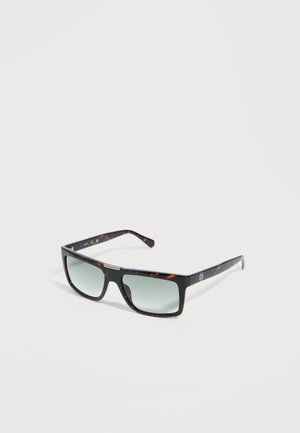 Tortoiseshell rectangular sunglasses with gradient gray lenses and slim arms, shown against a plain white background.