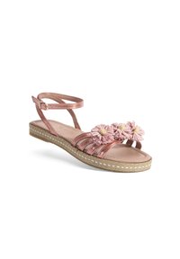 Rosa Sandalen mit Blumenakzenten, ausgestattet mit einem schmalen Design, strukturierten Riemen und einer geflochtenen Espadrille-Sohle. Verstellbarer Knöchelriemen.