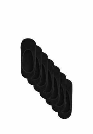 Schwarze Baumwoll-Socken ohne Sichtbarkeit, mit glatter Textur und abgerundetem oberen Rand. Sechs Paare in diagonaler Anordnung gestapelt.