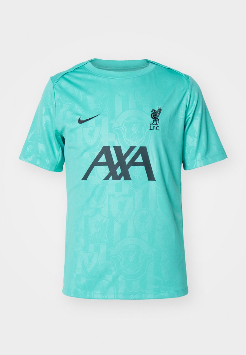 Camisa de fútbol de manga corta en color turquesa con cuello redondo, que presenta un patrón sutil, logo negro de Nike, emblema de LFC y marca AXA.
