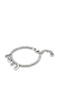 Pulsera plateada con cuentas que presenta tres dijes: una piedra rosa, una etiqueta con "Sweet" y otra con "UNO". Cierre ajustable y cadena de extensión.