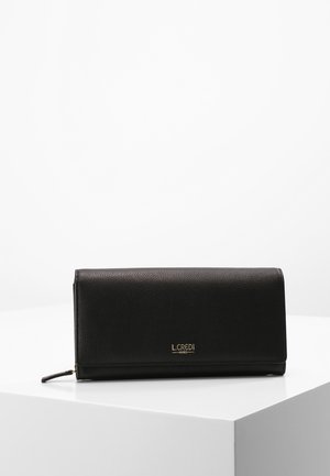 Black leather wallet with a textured surface, rectangular shape, gold logo at the front, and a zippered closure on the side.