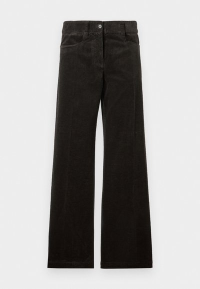 Svarte corduroy vide bukser med frontlommer, knappelukking og vertikal ribbet tekstur. Glatt stoff med en subtil glans.