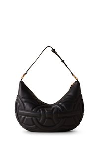 Schwarze Leder-Hobo-Tasche mit einem gepolsterten, strukturierten Design, das ineinander verwobene Muster und eine goldfarbene Hardware aufweist. Verstellbarer Schulterriemen enthalten.