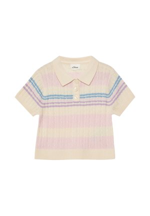 Kurzärmeliges, cremefarbenes Polohemd aus Strick mit pastellrosa, blauen und violetten horizontalen Streifen und drei Knöpfen vorne.