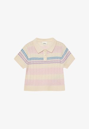 Kremowa dzianinowa koszulka polo z krótkim rękawem, ozdobiona poziomymi paskami w pastelowym różu, niebieskim i fioletowym oraz trzema guzikami z przodu.