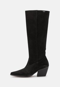 Bottines noires en daim montantes avec un bout pointu, un décolleté incurvé et un talon épais. Texture lisse et design minimaliste avec des accents subtils.
