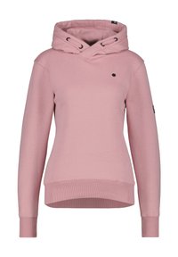 Felpa a manica lunga rosa con polsini e orlo a coste, occhielli neri per il cappuccio, e piccolo logo nero sul petto e sulla manica.
