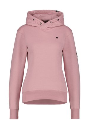 Roze hoodie met lange mouwen, geribbelde manchetten en zoom, zwarte trekkoordogen en een klein zwart logo op de borst en mouw.