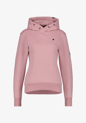 Rosa Langarm-Hoodie mit gerippten Bündchen und Saum, schwarzen Zugkordel-Ösen und kleinem schwarzem Logo auf der Brust und am Ärmel.