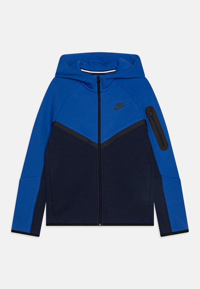 Blau und marinefarbener Reißverschluss-Hoodie aus weichem Stoff, mit Kapuze, seitlicher Reißverschlusstasche und schwarzen Akzenten auf der Vorderseite und den Ärmeln.