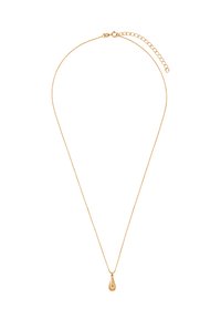 Złoty naszyjnik z łańcuchem, zakończony wisiorkiem w kształcie kropli. Łańcuch jest smukły, z delikatną fakturą oraz regulowanym zapięciem, które umożliwia dostosowanie długości.