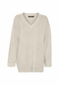 Pull en tricot beige à manches longues, de grande taille, avec un décolleté en V, des fentes sur les côtés et des détails côtelés au niveau de l'encolure et des poignets. Texture douce.