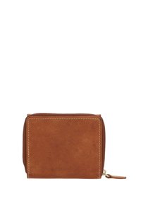 Brown leather wallet with a smooth texture, rectangular shape, zip closure, and contrasting stitching detail along the edges.