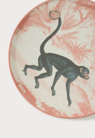 Assiette ronde avec un bord et un fond roses, présentant une illustration détaillée d'un singe noir à la queue recourbée.