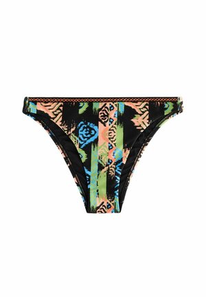 Zwarte bikinibroek met levendige geometrische patronen in blauw, groen en roze. Gemaakt van soepele stof met een lage taille.