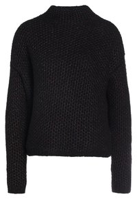 Schwarzer gestrickter Pullover mit strukturiertem Muster, hohem Kragen und lockerer Passform. Verfügt über lange Ärmel und einen gerippten Saum für zusätzliche Details.