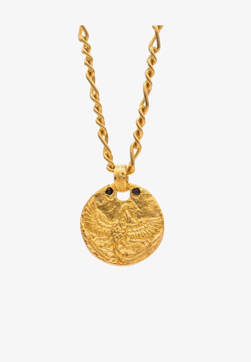 Collier en or avec une chaîne torsadée, comportant un pendentif circulaire embossé d'un design de cygne et deux petites pierres noires.