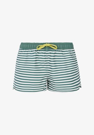 Pruhované plavkové šortky v zelenej a bielej farbe, s textúrovanou tkaninou, elastickým pásom a kontrastnou žltou šnúrkou.