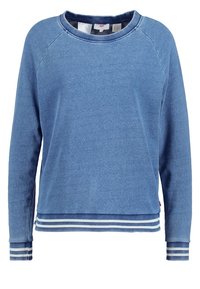 Blå sweatshirt med lång ärm, rundad halsringning och vita horisontella randiga detaljer vid fåll och ärmslut. Mjukt material med en avslappnad passform.
