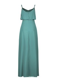 Robe maxi teal avec un haut superposé, des bretelles spaghetti réglables et une silhouette fluide. Le tissu lisse ajoute une texture douce.