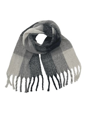 Wollschal mit breiten horizontalen Streifen in verschiedenen Grautönen und Schwarz, versehen mit gedrehten Fransen an beiden Enden.