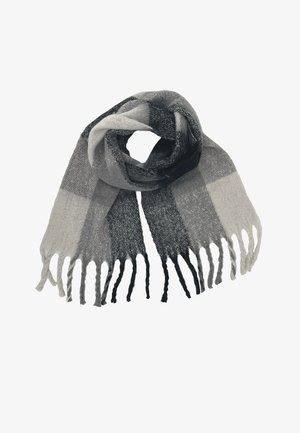Wool scarf with wide horizontal stripes in varying shades of gray and black, featuring twisted fringe tassels on both ends.