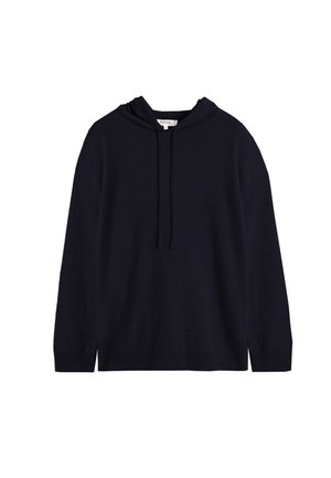 Navyblauwe hoodie gemaakt van zacht stof, met lange mouwen, een voorste kenguruzak en geribbelde manchetten en zoom.