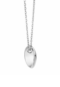 Srebrny naszyjnik z zawieszką w kształcie owalnym, o gładkiej powierzchni i ogniwowym łańcuszku, z prostym zapięciem zapewniającym bezpieczne zamknięcie.