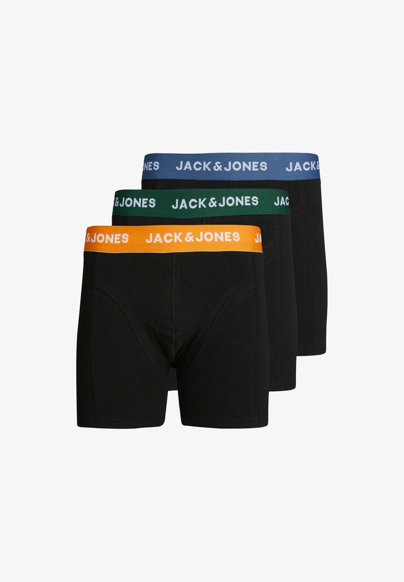 Drie paar zwarte boxershorts met verschillende gekleurde elastische taillebanden: oranje, groen en blauw, met de merknaam "JACK & JONES."