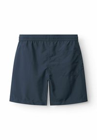 Marineblaue Badeshorts mit einem elastischen Bund, einer einzigen Gesäßtasche und einem glatten, leichten Stoffgefühl.