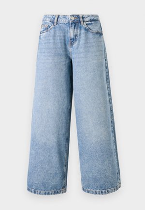 Light blue wide-leg jeans made from denim, featuring a high waist, zip fly, and five-pocket design. Seam detailing visible along the legs.