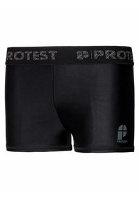 Shorts de bain noirs en matériau lisse, avec une large ceinture élastique portant le texte "PROTEST", et un petit logo sur le côté gauche.