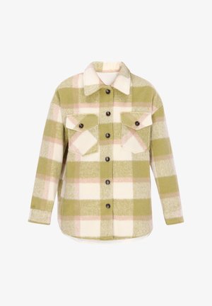 Camicia a quadri verde e crema con accenti rosa chiaro, realizzata in tessuto morbido. Presenta due tasche sul petto e bottoni scuri sul davanti.