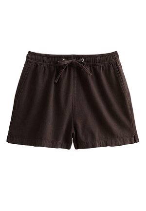 Donkerbruine casual shorts met elastische tailleband en trekkoord, zijzakken en kleine zijsplits aan de zoom.