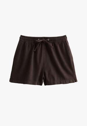 Shorts décontractés marron foncé avec taille élastique et cordon de serrage, poches latérales et petites fentes sur les côtés à l'ourlet.
